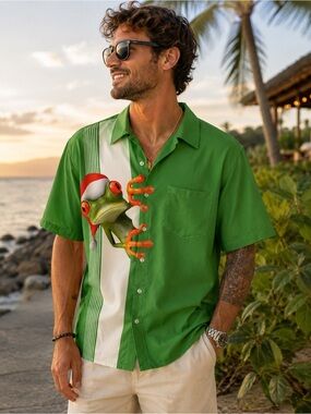 Royaura Hawaiian Tropical Frog Graphic Short-Sleeve Shirt - Green Size L Resort